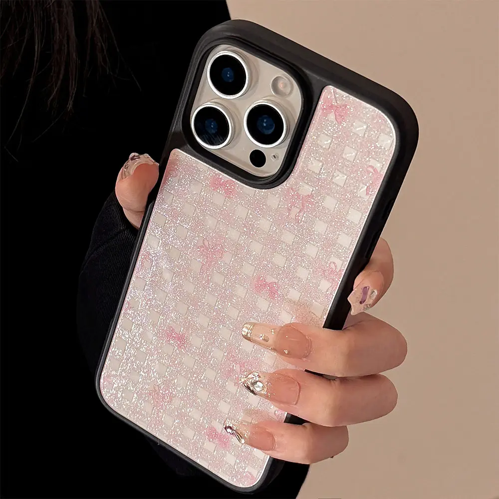 Frosted Black-Framed Glass - Black with Pink Ribbon Plaid phone case1 (2)