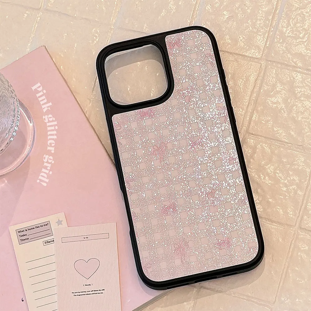 Frosted Black-Framed Glass - Black with Pink Ribbon Plaid phone case1.jpg