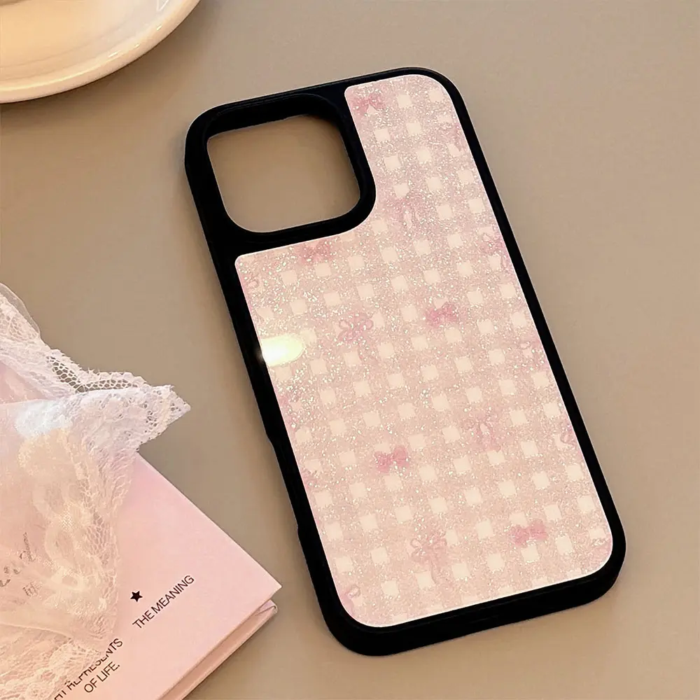 Frosted Black-Framed Glass - Black with Pink Ribbon Plaid phone case7.jpg