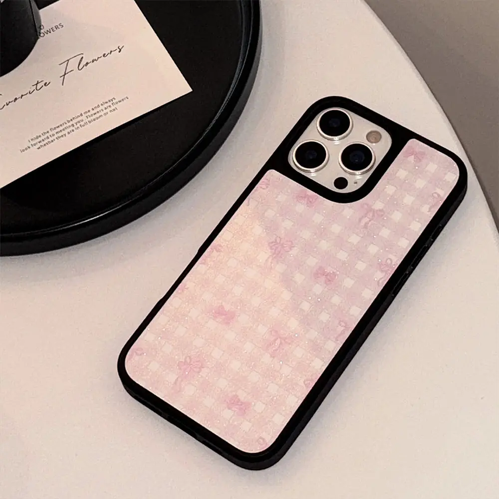 Frosted Black-Framed Glass - Black with Pink Ribbon Plaid phone case6
