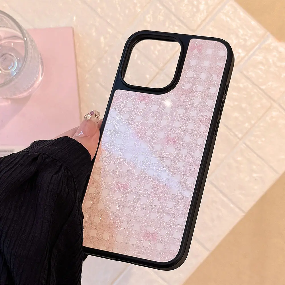 Frosted Black-Framed Glass - Black with Pink Ribbon Plaid phone case9