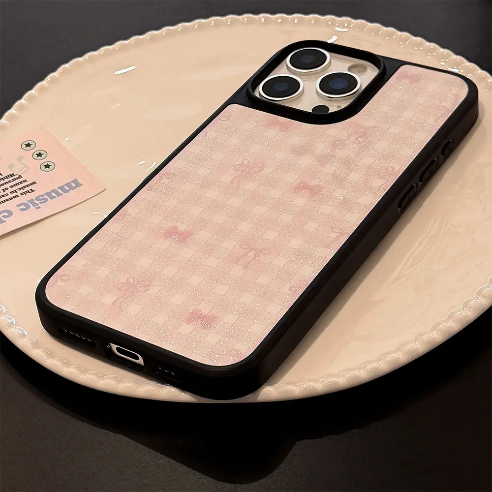 Frosted Black-Framed Glass - Black with Pink Ribbon Plaid phone case4.jpg