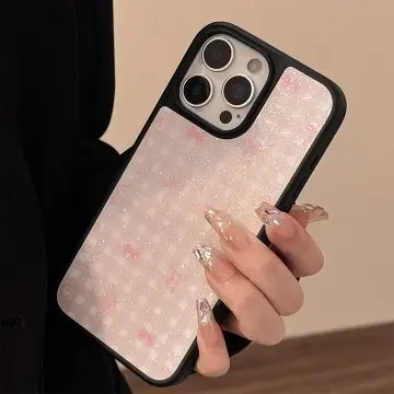 Phone case Apple 16pro Max suitable for iPhone 15ins with shimmering pink grid pattern and recommended pink bow for girls
