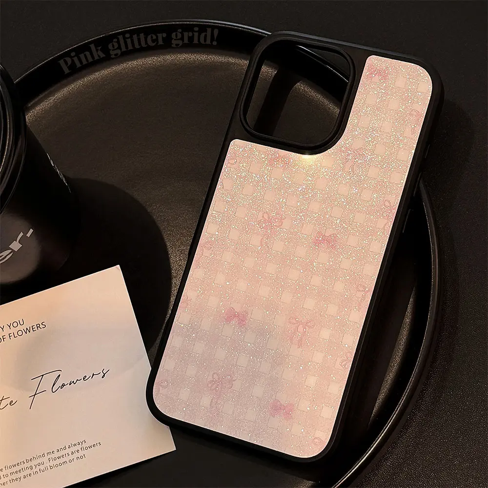 Frosted Black-Framed Glass - Black with Pink Ribbon Plaid phone case2